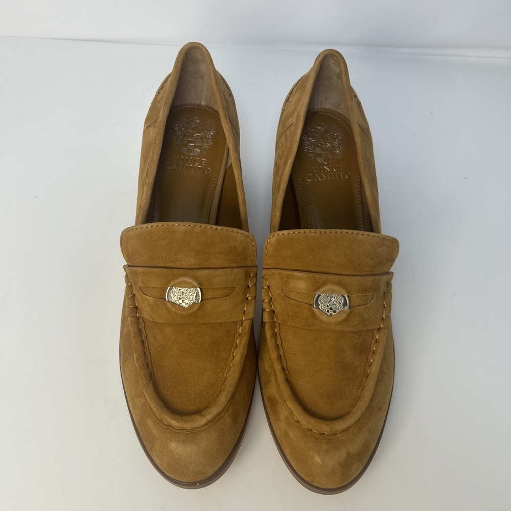 Vince Camuto Carissla Suede Penny Loafer Block Heel Pump Golden Rod 9.5 M NIB - Picture 5 of 11
